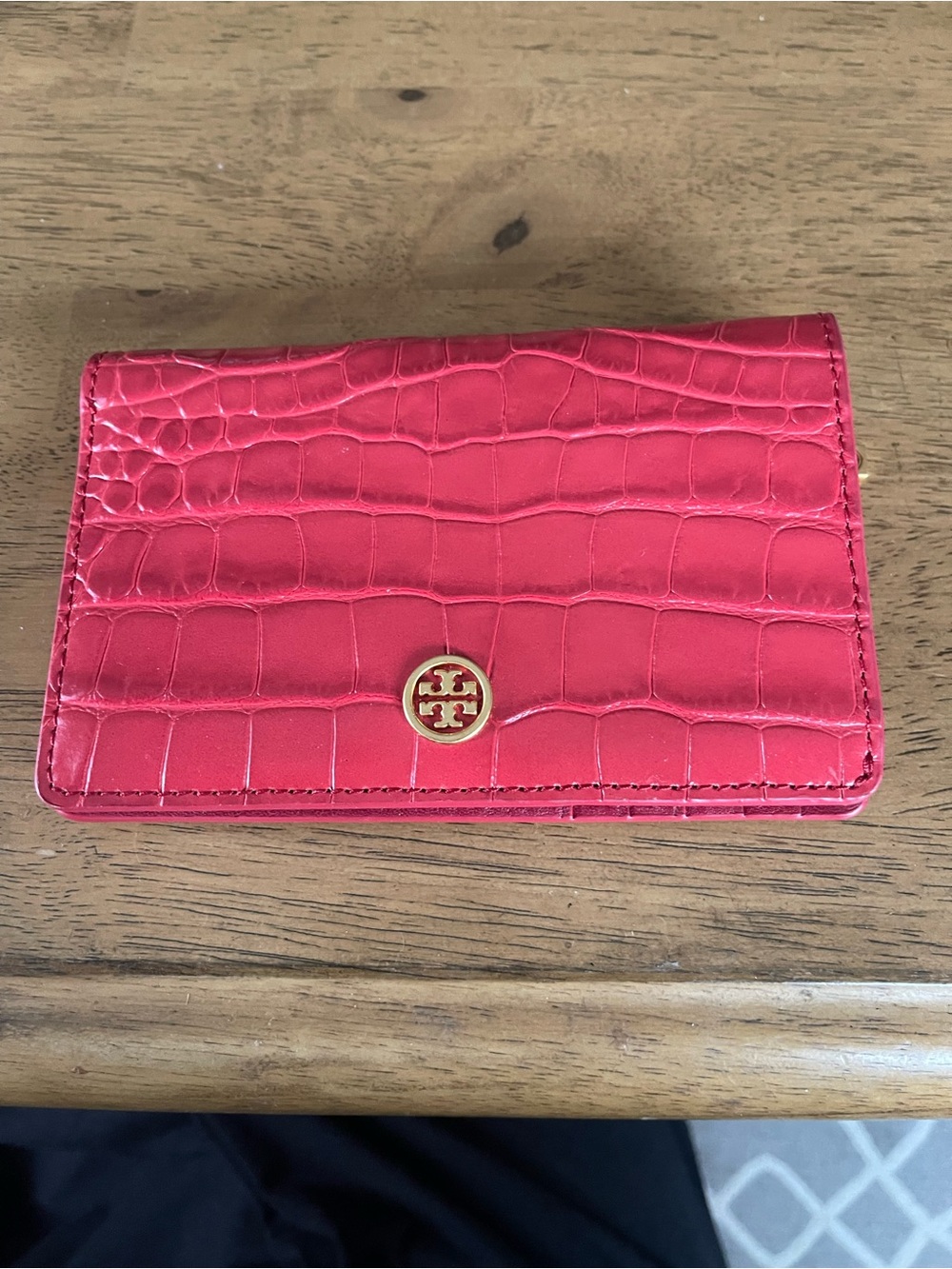 Tory Burch coral/pink Croc-Embossed Card Case/wallet with Gold Logo